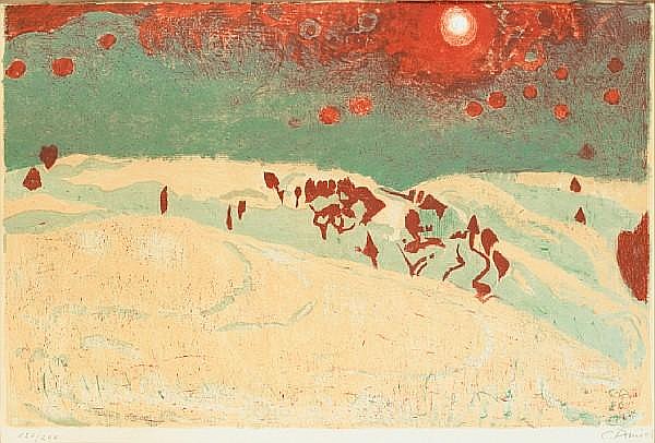 Sunset in a snowy landscape (1950) – Cuno Amiet Tablo