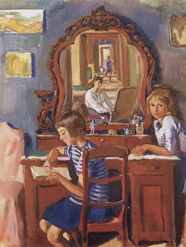 Tata and Katia in the mirror (1917) - Zinaida Serebriakova Tablo