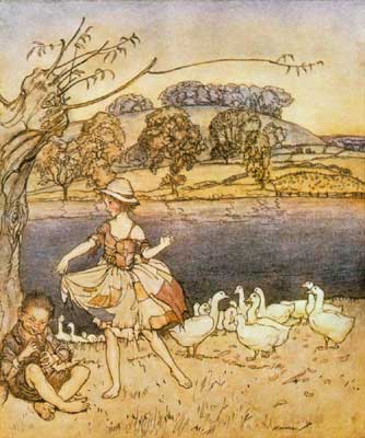 Tattercoats dancing while the gooseherd pipes – Arthur Rackham Tablo