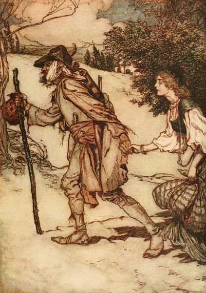 The Beggar took her by the hand and led her away – Arthur Rackham Tablo