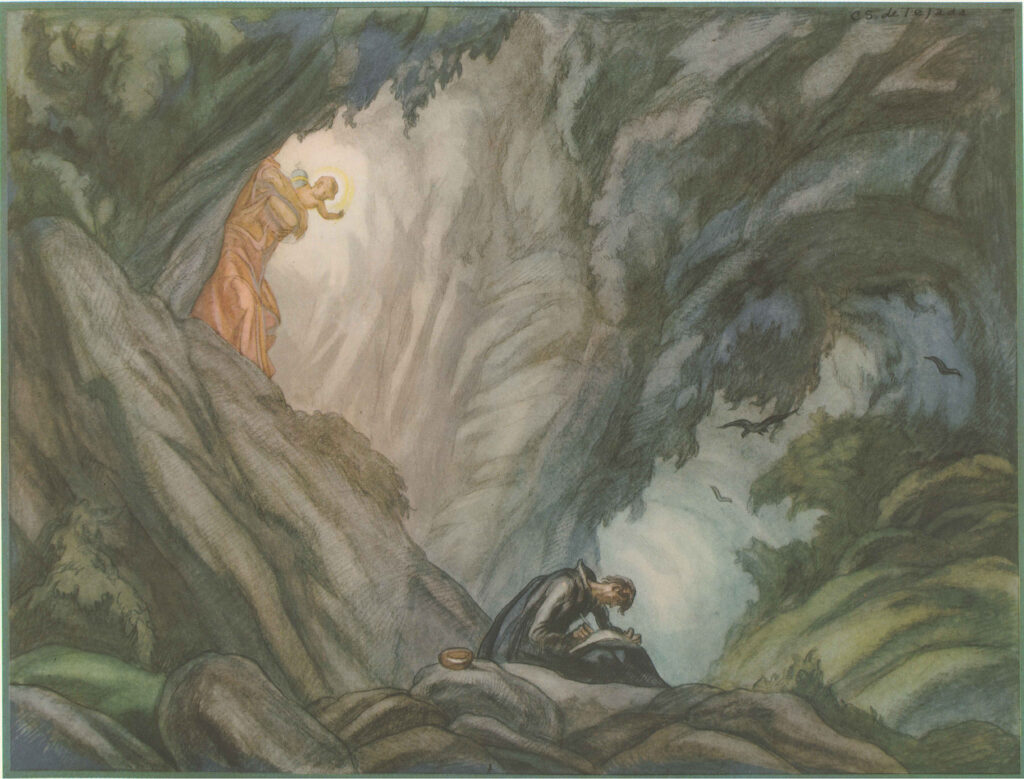 The Life of St. Ignatius Loyola. Plate 2. Ignatius writes the Spiritual Exercises in the cave at Man - Carlos Sáenz de Tejada Tablo