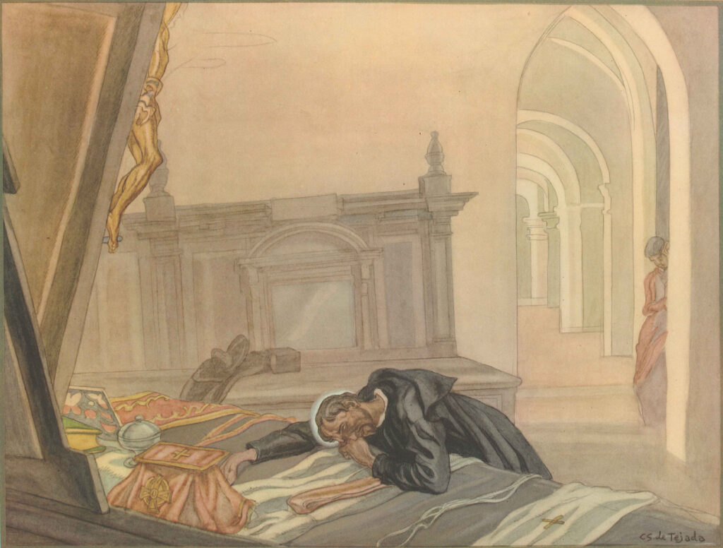 The Life of St. Ignatius Loyola. Plate 8. Before saying Mass, Ignatius is overcome with tears. - Carlos Sáenz de Tejada Tablo