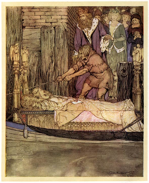 The boat with the dead Maid of Astolat before the palace at Westminster – Arthur Rackham Tablo