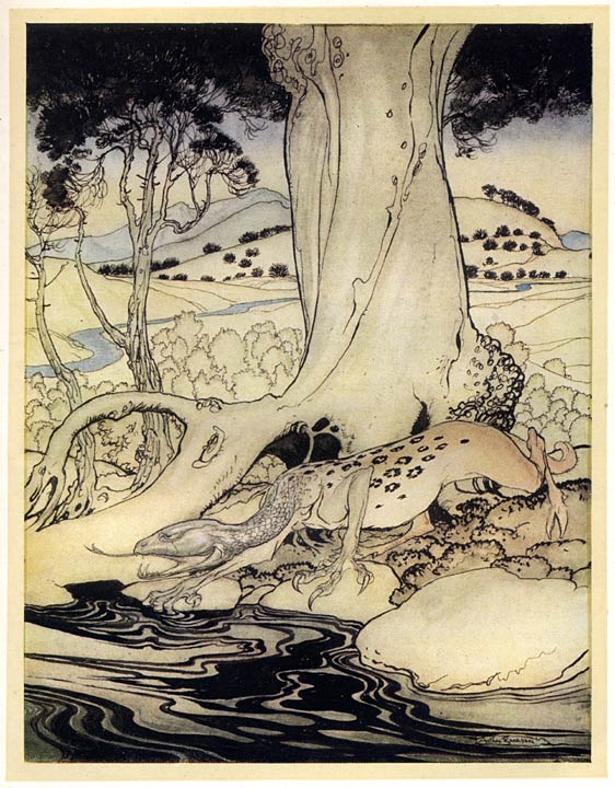 The dragon in the woods near Dublin – Arthur Rackham Tablo