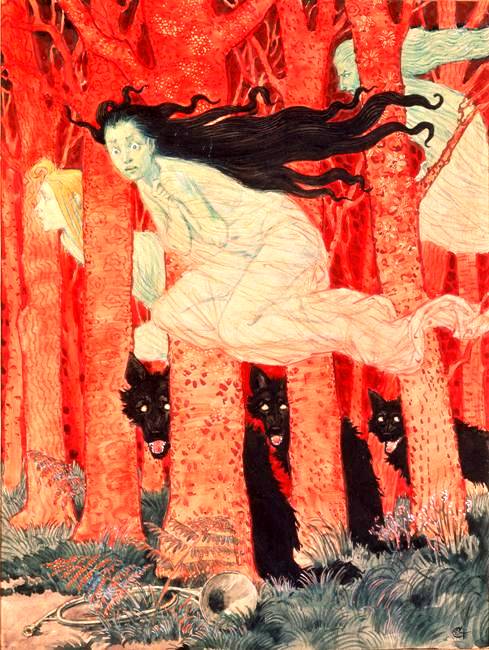 Three Women and Three Wolves – Eugène Grasset Tablo