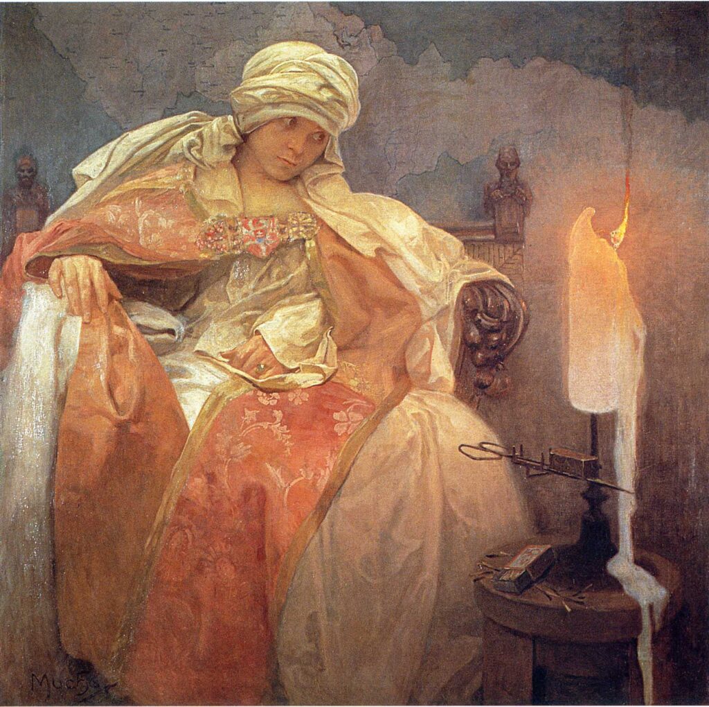 Woman with a Burning Candle (1933) – Alphonse Mucha Tablo