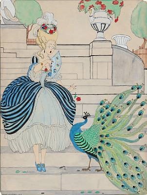 Young Girl in Rococo Dress Frightened by a Peacock (1918) – Gerda Wegener Tablo