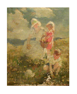 A Mother and her Children Picking Flowers - Haddon Sundblom Tablo