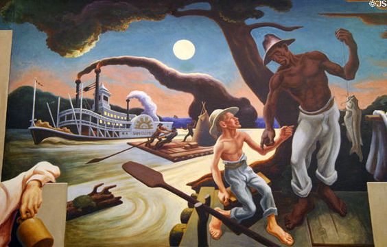 A Social History of the State of Missouri (detail) Steamboat Sam Clemens with Huck Finn and Jim on (1936) - Thomas Hart Benton Tablo