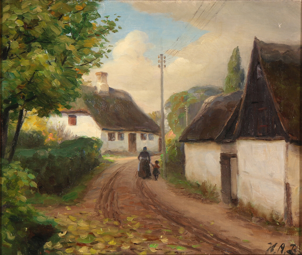 A Village Road with a Woman and Child Walking Hand in Hand - Hans Andersen Brendekilde Tablo