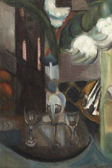 A still life with a carafe and glasses (1913) - Henri Le Fauconnier Tablo