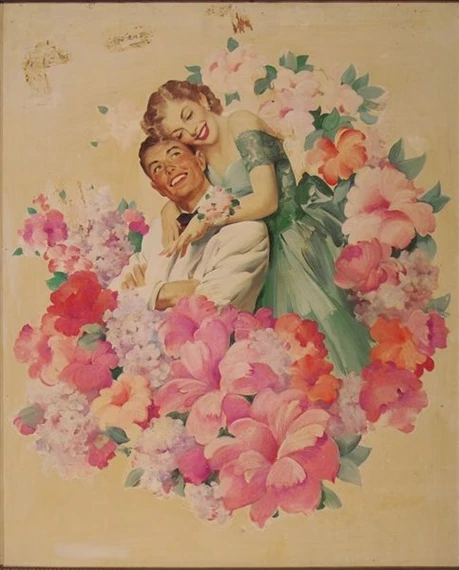 Advertisement Couple amidst flowers, woman in green dress (1940) - Haddon Sundblom Tablo