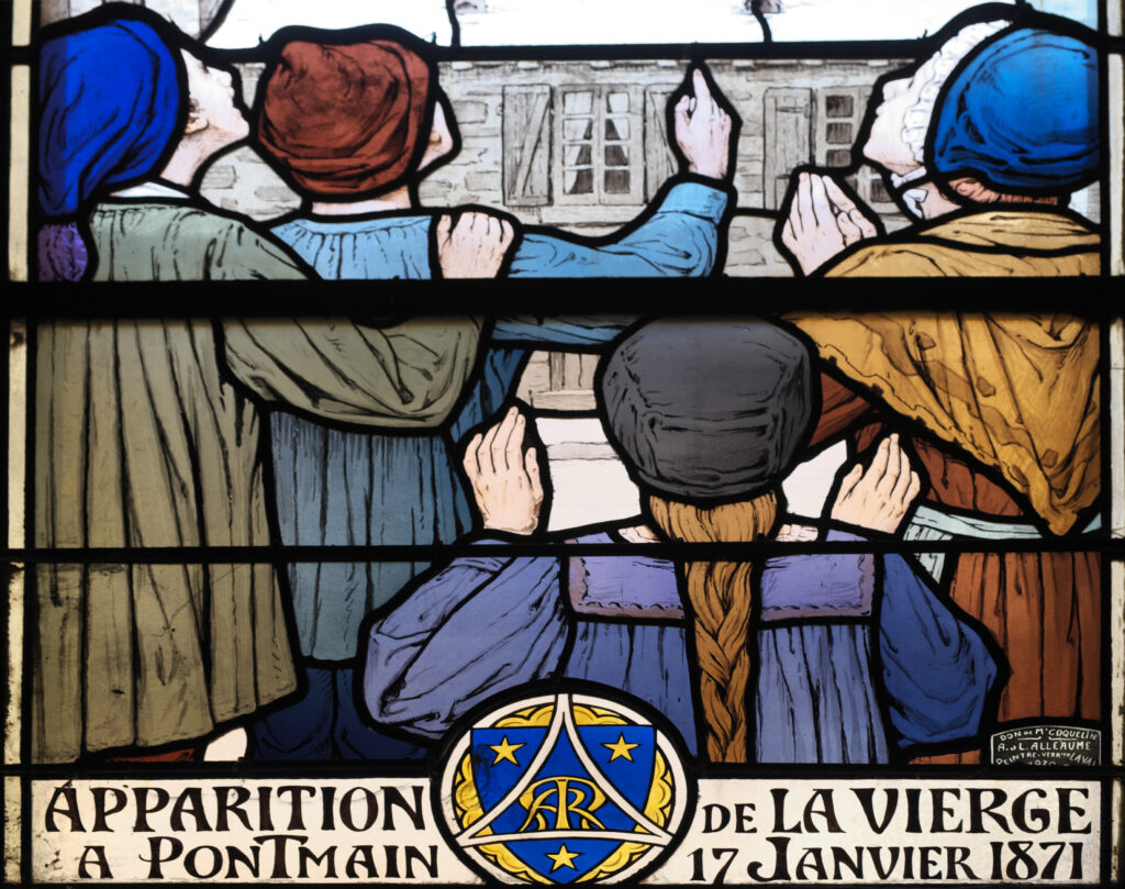 Apparition of the Virgin (detail). Andrésy Église Saint Germain Vitrail - Ludovic Alleaume Tablo