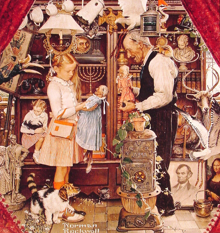 April Fool Girl with Shopkeeper (1948) - Norman Rockwell Tablo