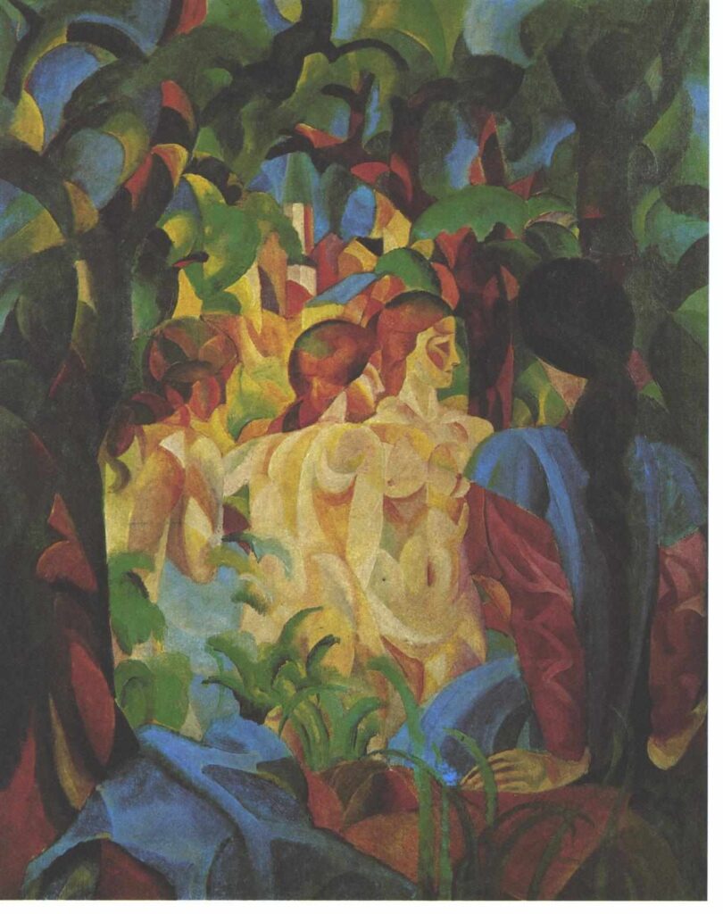 Bathing girls with town in the backgraund (1913) - August Macke Tablo