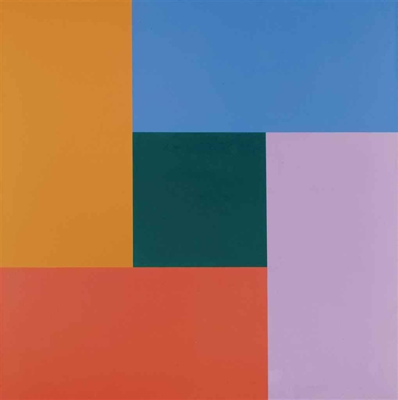 Bewegung von dunkelgelb über rot, violett, blau zu grünem Zentrum (1952) – Richard Paul Lohse Tablo
