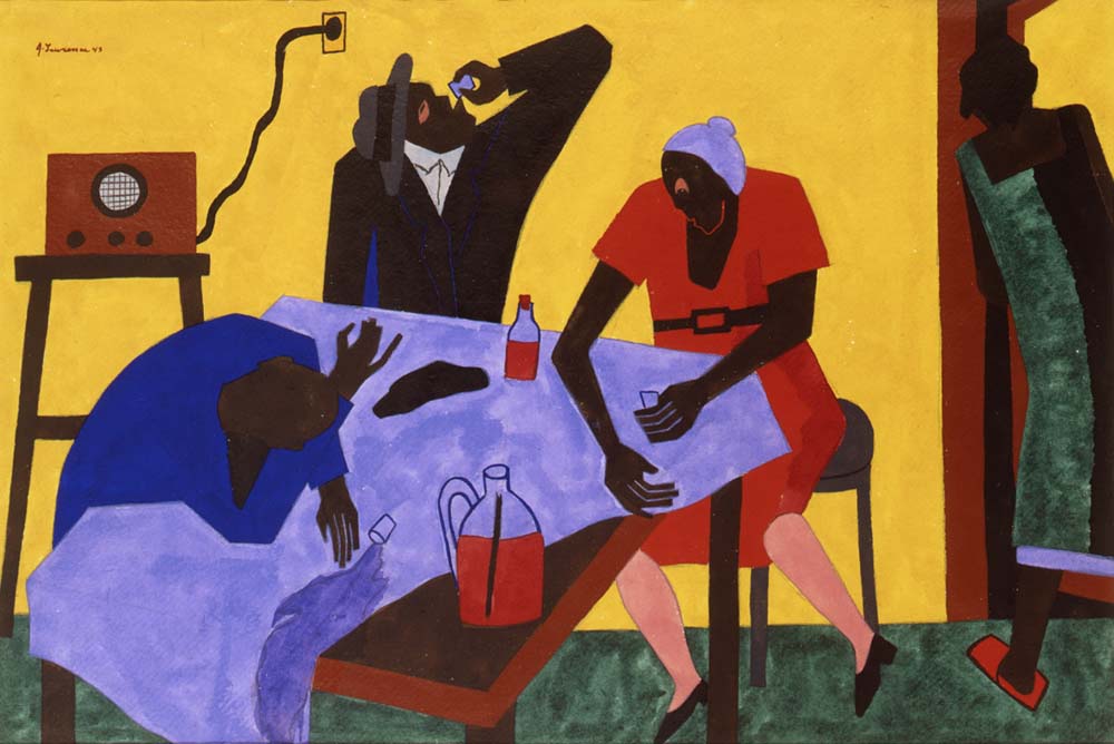 Bootleg Whiskey—You Can Buy Bootleg Whiskey for Twenty five Cents a Quart, from the series Harlem (1943) – Jacob Lawrence Tablo