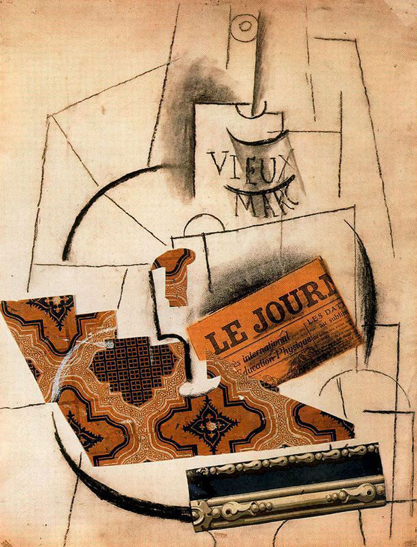 Bottle of Vieux Marc, Glass and Newspaper (1913) - Pablo Picasso Tablo