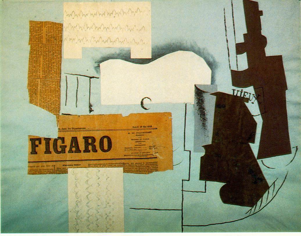 Bottle of Vieux Marc, Glass, Guitar and Newspaper (1913) - Pablo Picasso Tablo