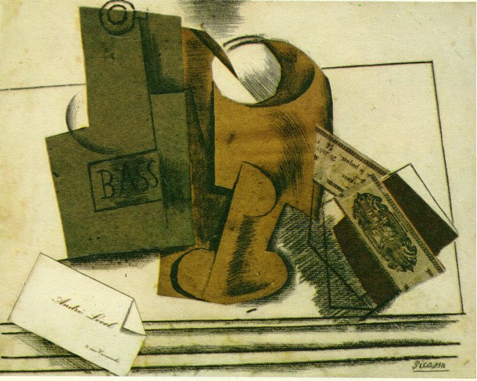 Bottle of bass, glass and package of tobacco (1914) - Pablo Picasso Tablo