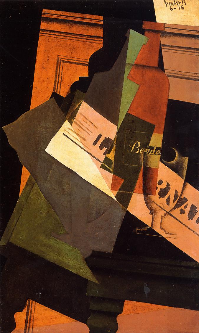 Bottle, Glass and Newspaper - Juan Gris Tablo