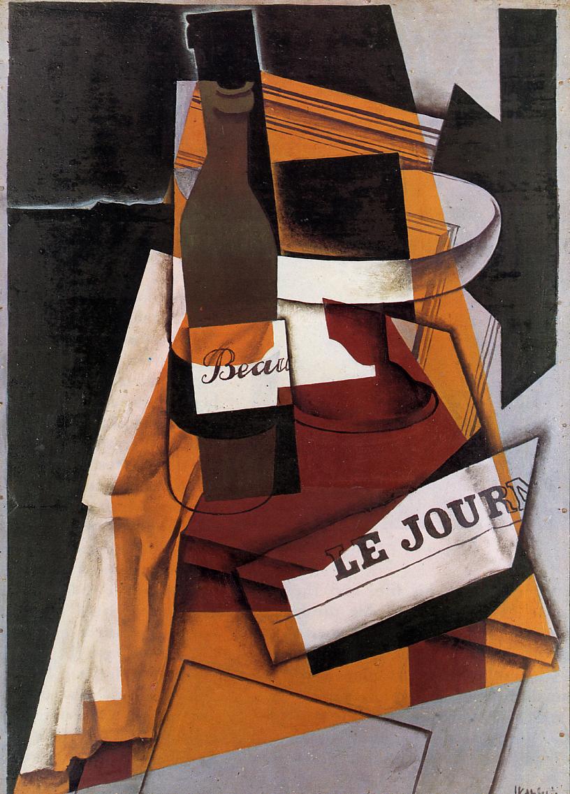 Bottle, Newspaper and Fruit Bowl (1915) - Juan Gris Tablo