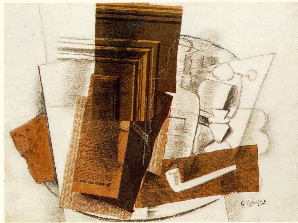 Bottle, Newspaper, Pipe and Glass (1914) - Georges Braque Tablo