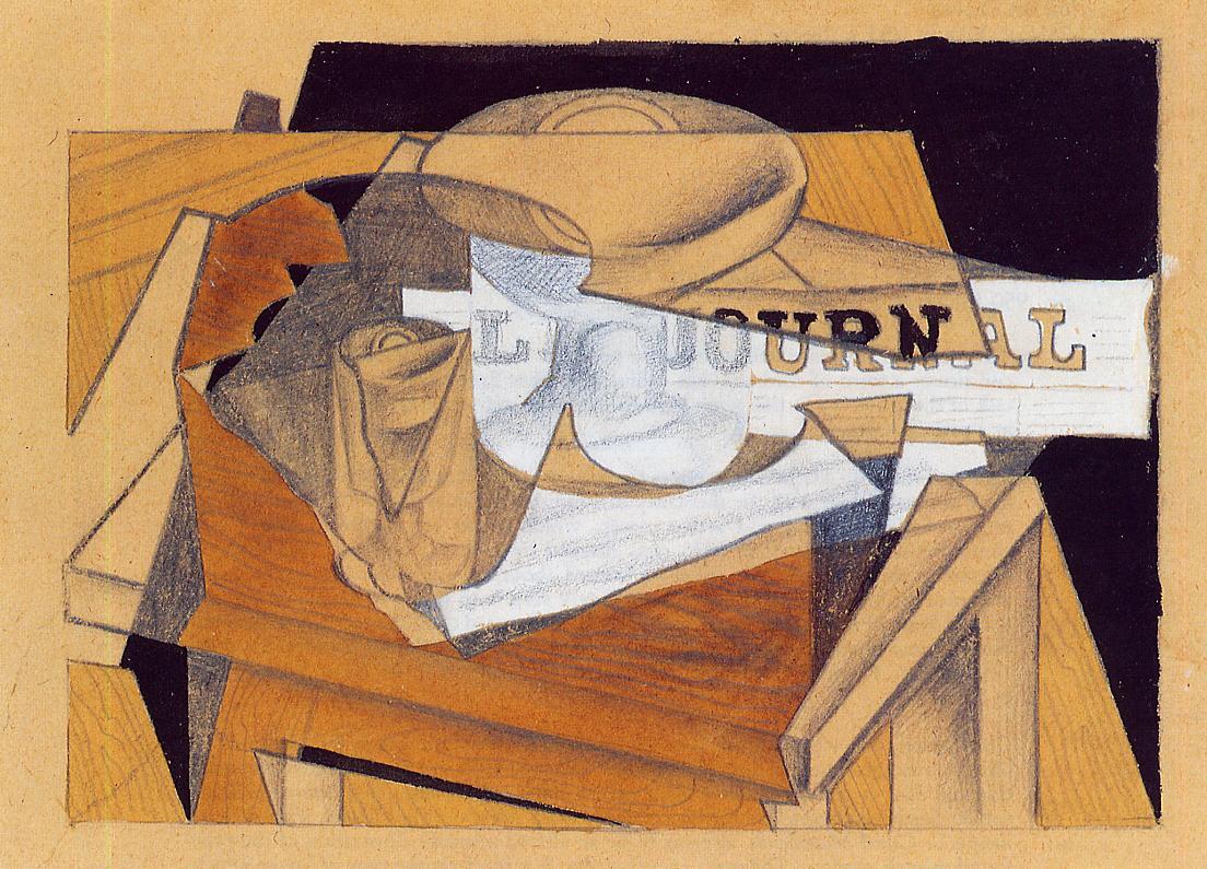 Bowl, Glass and Newspaper - Juan Gris Tablo