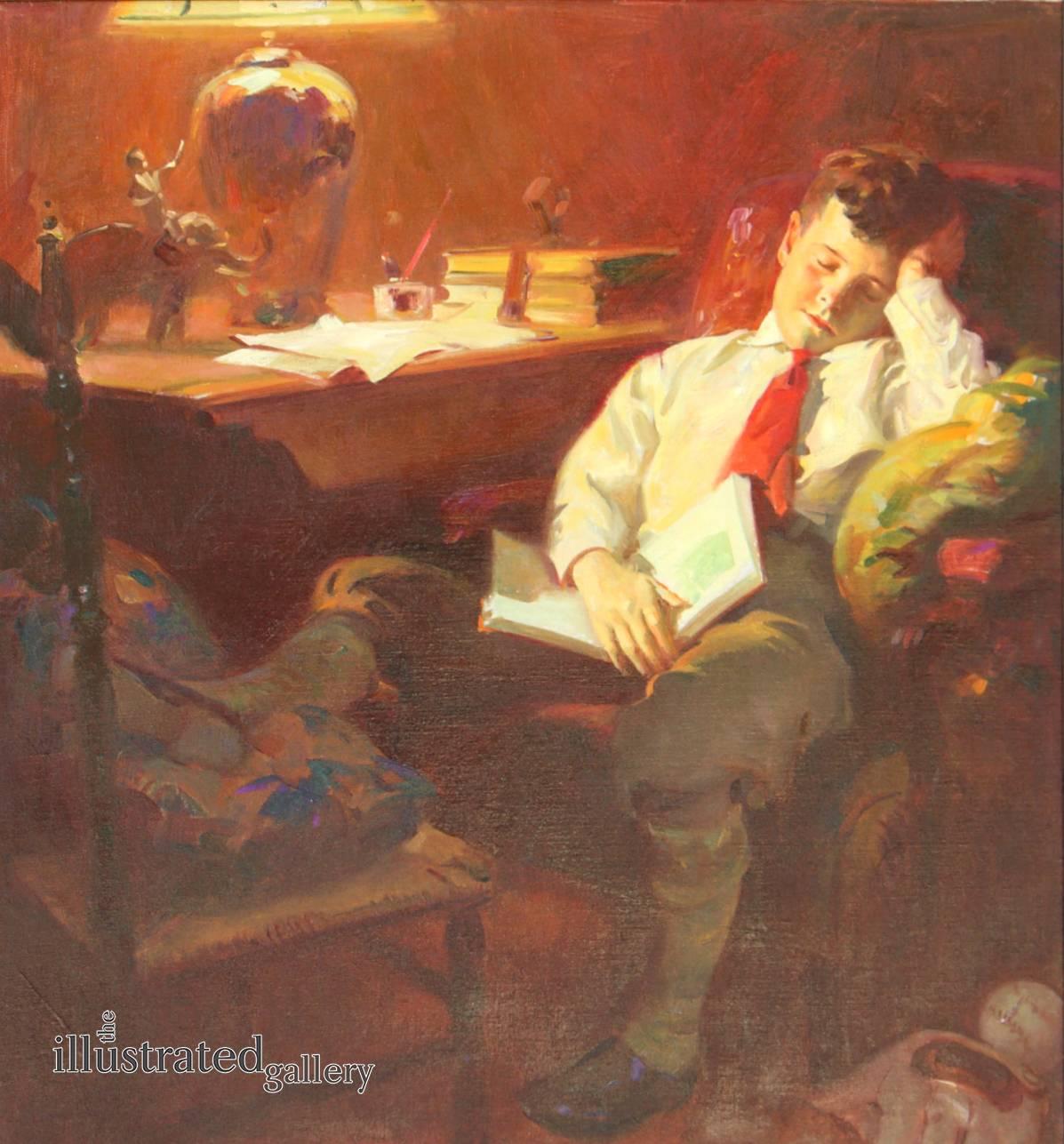 Boy Falls Asleep in a Chair With Book in His Lap (1928) - Haddon Sundblom Tablo