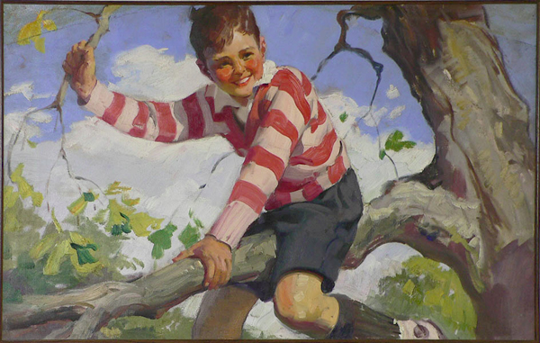 Boy in Striped Sweater Sits on a Tree Branch (1929) - Haddon Sundblom Tablo