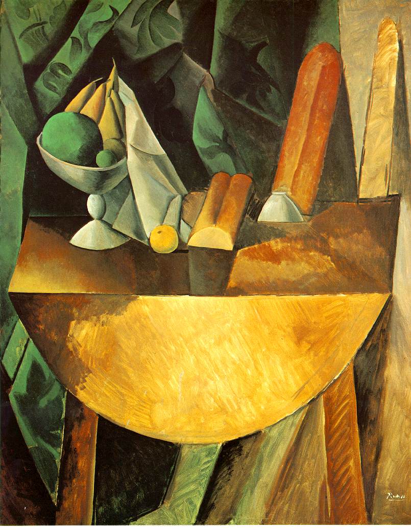 Bread and dish with fruits on the table (1909) - Pablo Picasso Tablo