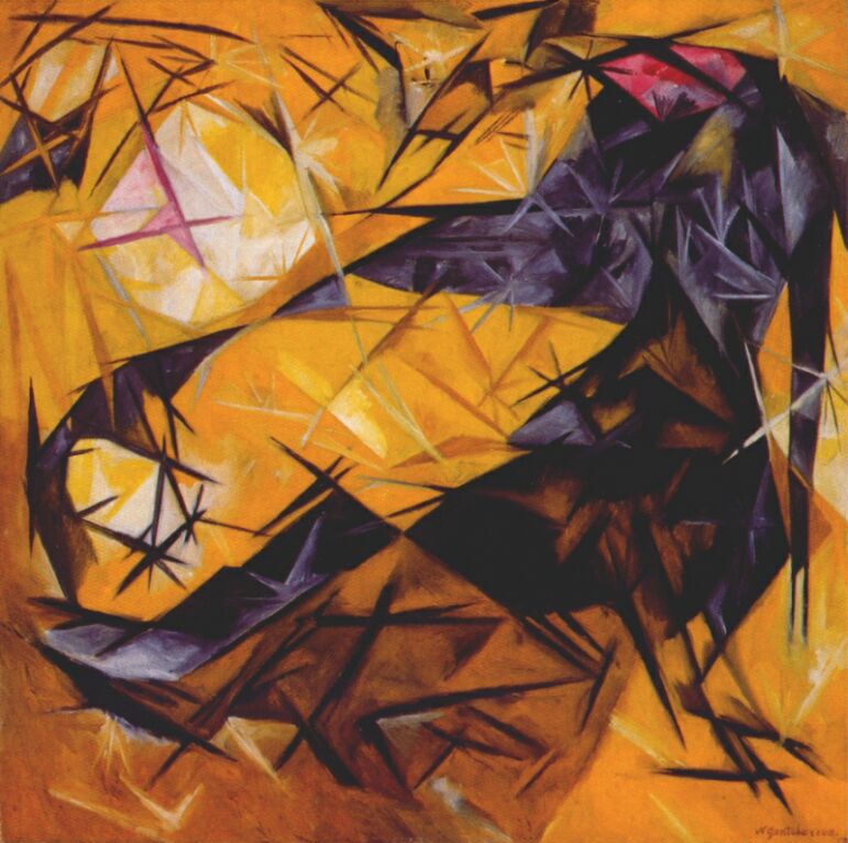 Cats (Rayonist Perception in Rose, Black and Yellow) (1913) - Natalia Goncharova Tablo