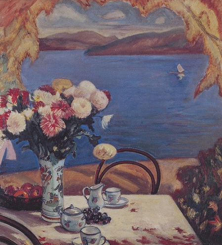 Chrysanthemums (still Life Beside a Lake) (1928) – Fujishima Takeji Tablo
