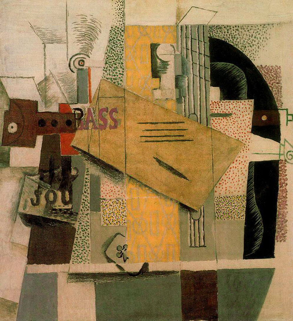 Clarinet, bottle of bass, newspaper, ace of clubs (1913) - Pablo Picasso Tablo