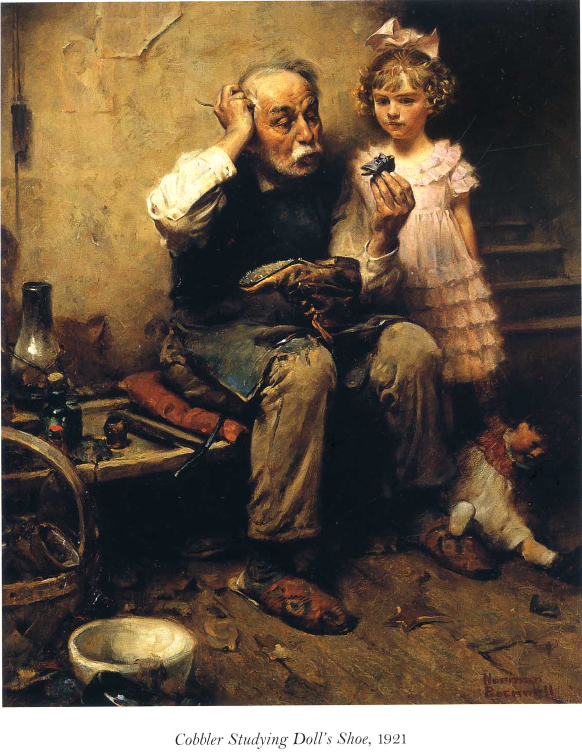 Cobbler Studying Doll's Shoe (1921) - Norman Rockwell Tablo