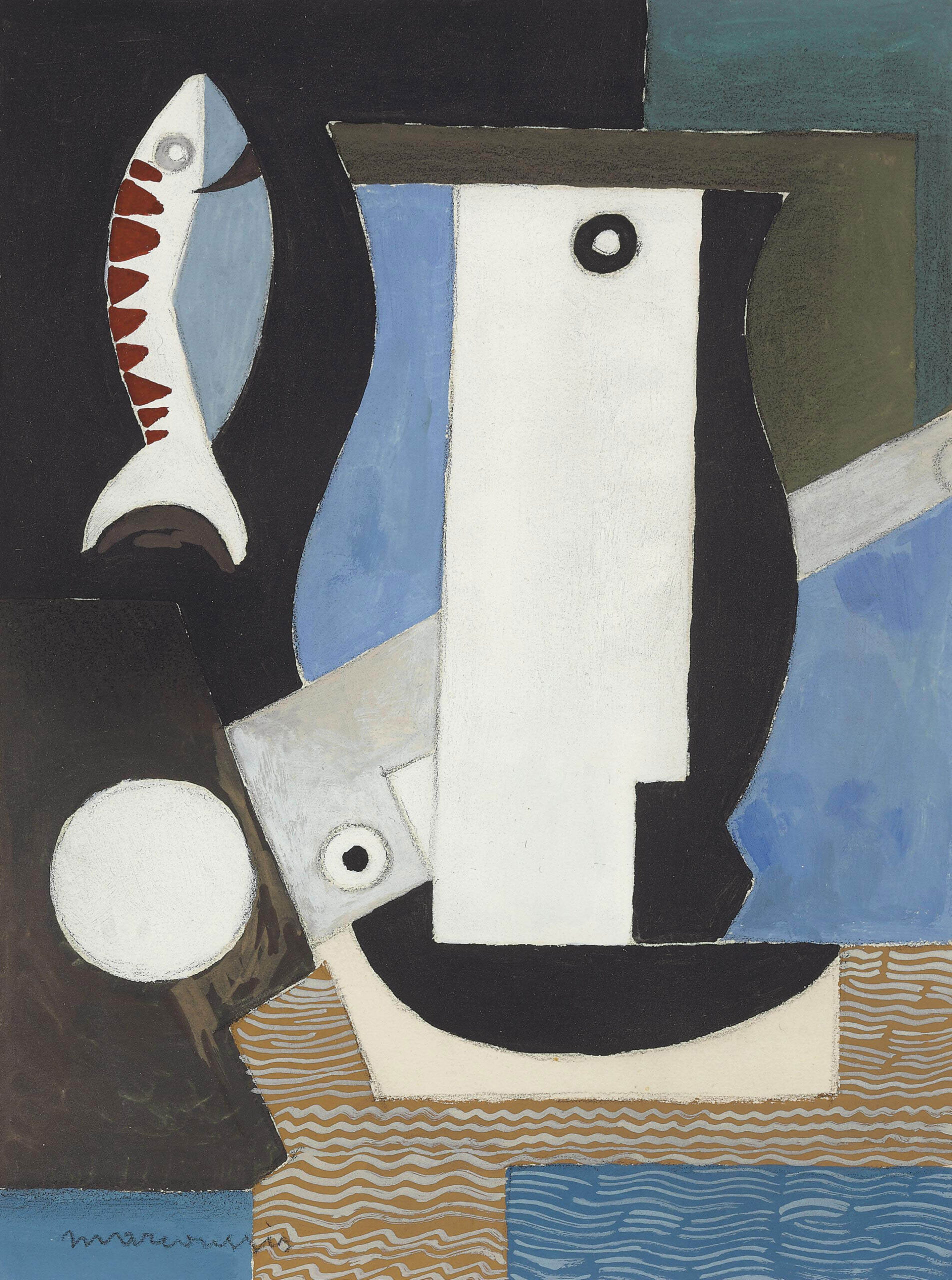 Composition cubiste au portrait, poisson et clair de lune (1926) - Louis Marcoussis Tablo