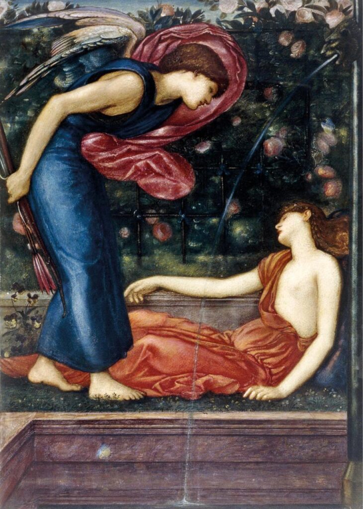 Cupid finding Psyche winged cupid standing over body of Psyche asleep below a fountain, roses on a t (1866) – Edward Burne-Jones Tablo