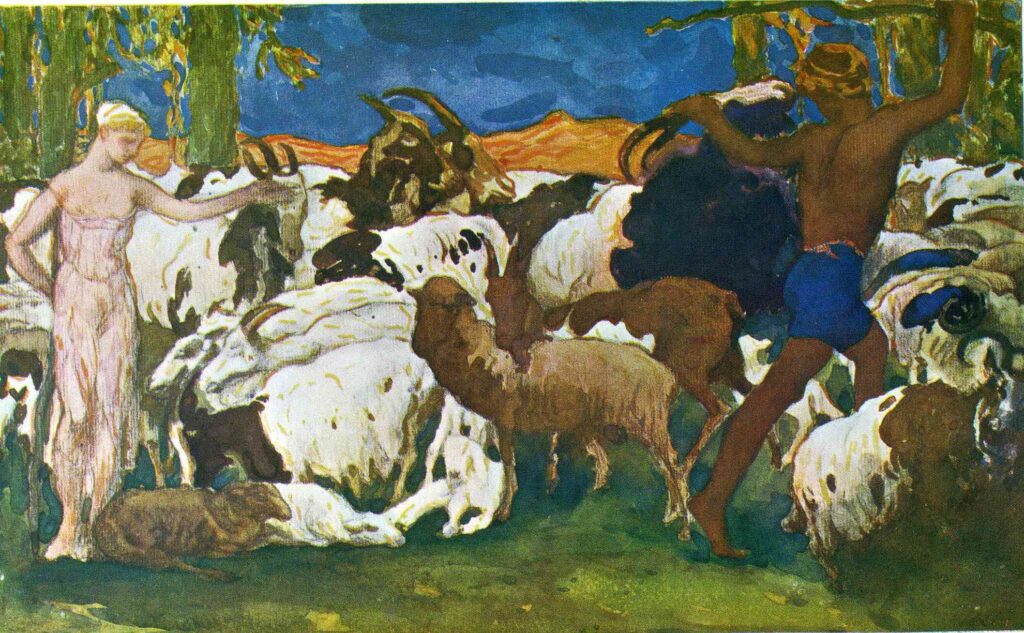 Daphnis and Chloe bidding each other goodnight (Design for a decorative panel) - Léon Bakst Tablo