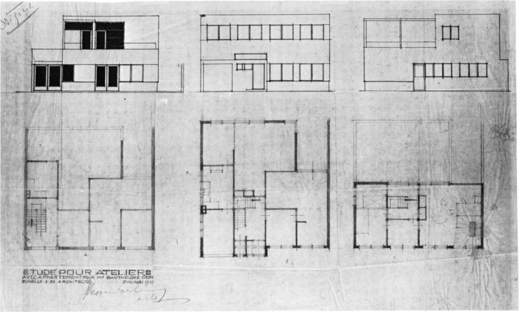 Design for a house and studio for Bertalan Pór, elevations and plans - Theo van Doesburg Tablo