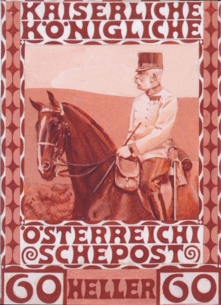 Design of the anniversary stamp with Austrian Franz Joseph I. on horseback (1908) - Koloman Moser Tablo