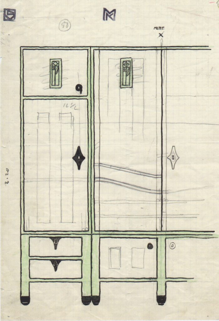 Draft drawings for a cabinet in the headquarters of the Vienna Workshop (1903) – Koloman Moser Tablo