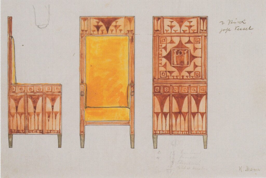 Draft drawings for the breakfast room of the apartment Eisler Terramare High Chair (1903) - Koloman Moser Tablo