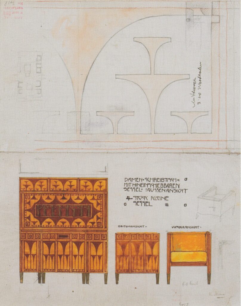 Draft drawings for the breakfast room of the apartment Eisler Terramare, ladies desk chair with retr (1903) – Koloman Moser Tablo