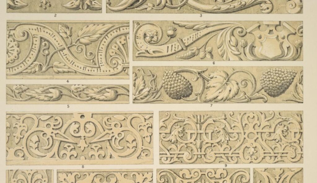Elizabethan Ornament no. 1. Various ornaments in relief from the time of Henry VIII to that of Charl - Owen Jones Tablo