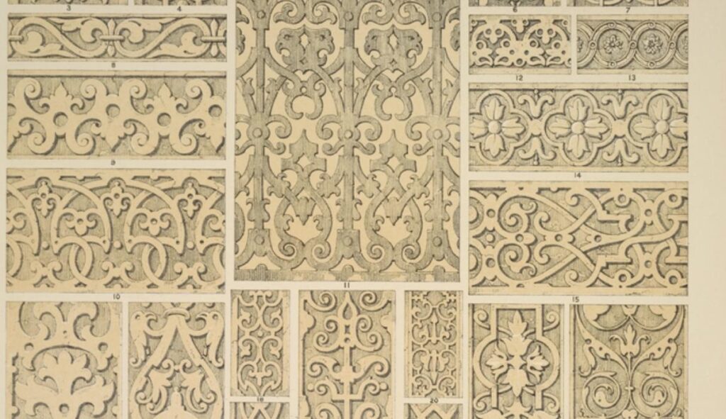Elizabethan Ornament no. 2. Various ornaments in relief from the time of Henry VIII to that of Charl - Owen Jones Tablo