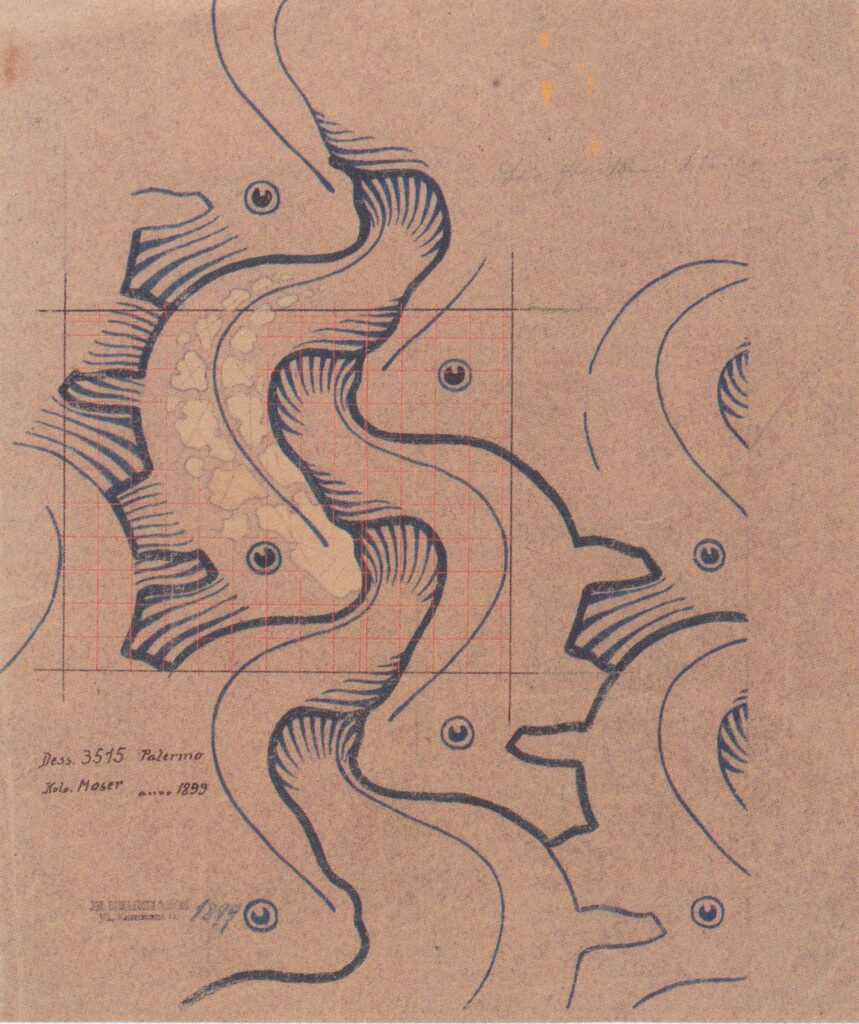 Fabric design with moving waves for Backhausen (1902) - Koloman Moser Tablo