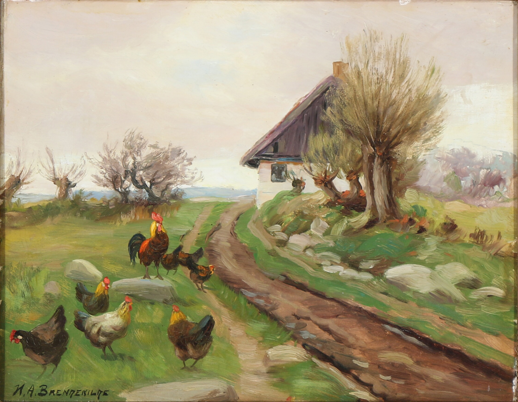 Farmhouse Exterior with Chickens - Hans Andersen Brendekilde Tablo