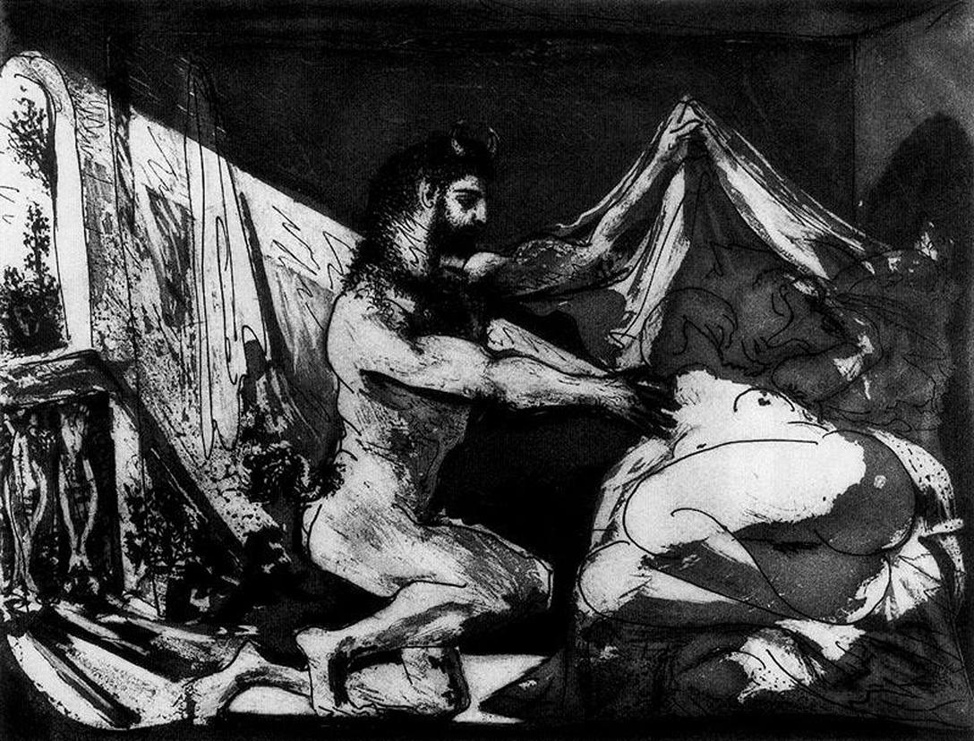 Faun unveiling a sleeping girl (Jupiter and Antiope, after Rembrandt) (1936) - Pablo Picasso Tablo