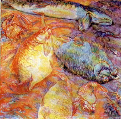 Fish at Sunset (1904) - Mikhail Larionov Tablo