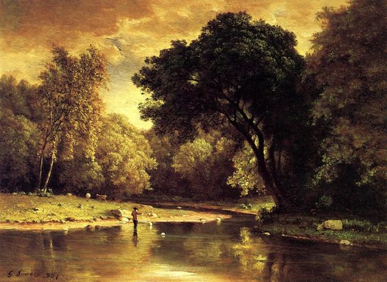 Fisherman In A Stream - George Inness Tablo